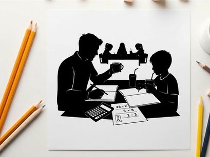 Silhouette of a man and a child studying together at a table