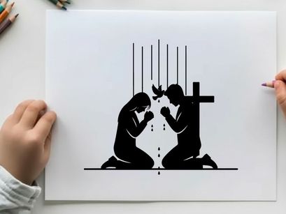 Silhouette of two praying figures by a cross with dove