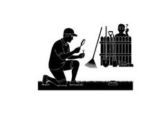 Silhouette of a man kneeling with gardening tools nearby silhouette