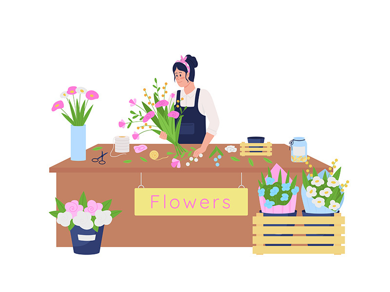 Female caucasian florist making floral arrangement flat color vector detailed character