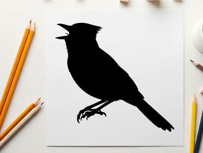 Bird silhouette singing with open beak on white background