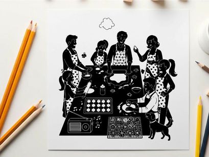 Family cooking together in a kitchen with silhouette