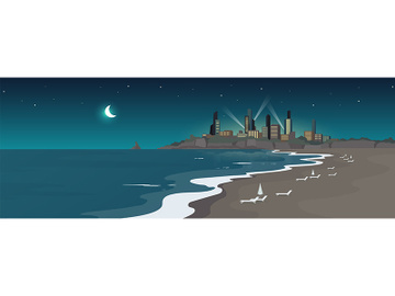 Sandy urban beach at night flat color vector illustration preview picture