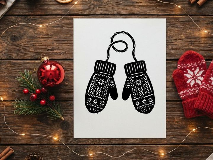 Pair of knitted winter mittens with snowflake pattern isolated on white background
