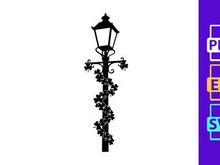 Vintage black iron street lamp with floral scrollwork design isolated