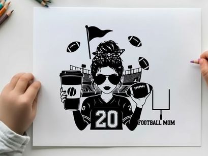 Silhouette of a football mom with sunglasses and footballs