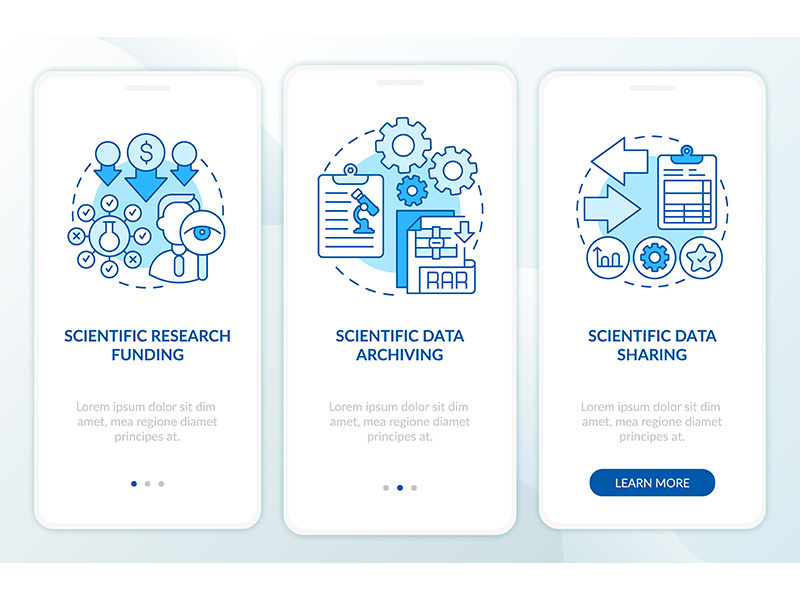 Scientific research components onboarding mobile app page screen with concepts