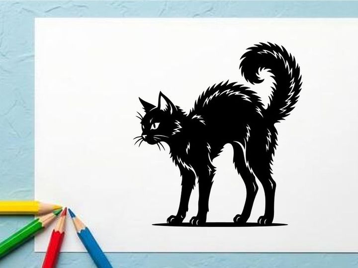 Silhouette of a Black Cat with Curled Tail in Side Profile