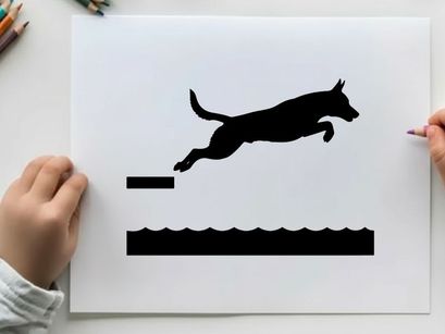 Dog silhouette jumping over an obstacle silhouette