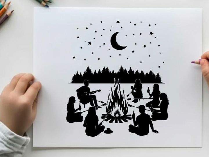 Silhouette of friends gathered around campfire under starry night sky with crescent moon
