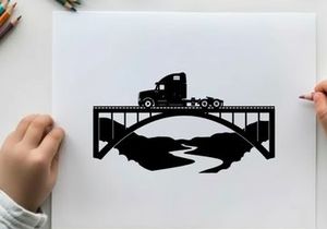 Truck crossing bridge silhouette against white background