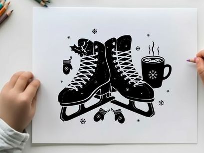 Silhouette of ice skates and hot chocolate in winter silhouette