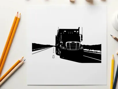 Silhouette of a semi truck driving on a highway