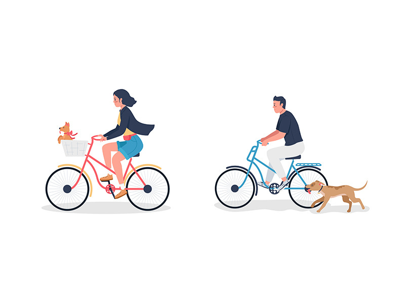 Caucasian man and woman on bicycle with dogs flat color vector detailed character set