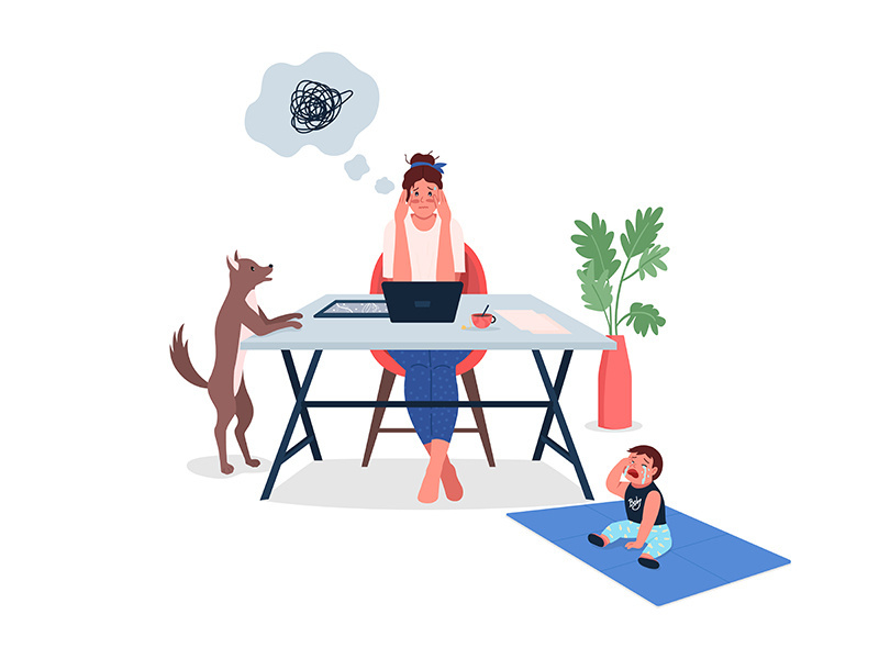 Overwhelmed working mother flat color vector detailed characters