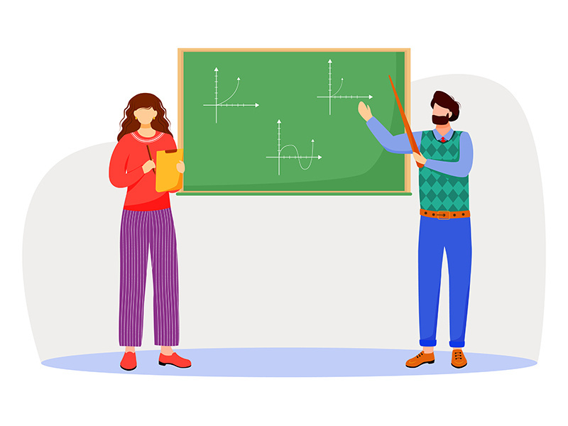 Teacher explains math graphs on chalkboard flat vector illustration