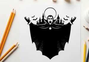 Silhouette of a vampire with castle and bats silhouette
