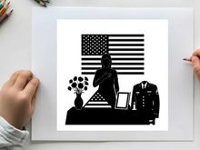Patriotic silhouette of a man with american flag and military memorabilia