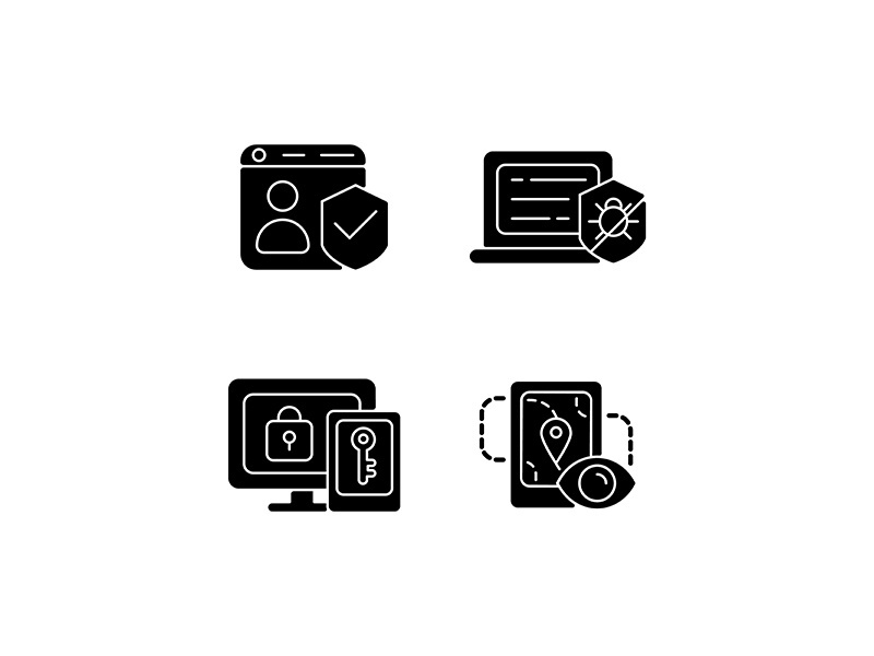 Protecting right to online privacy black glyph icons set on white space