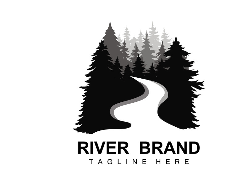 River Logo Design, River Creek Vector, Riverside Illustration With A Combination Of Mountains And Nature, Product Brand