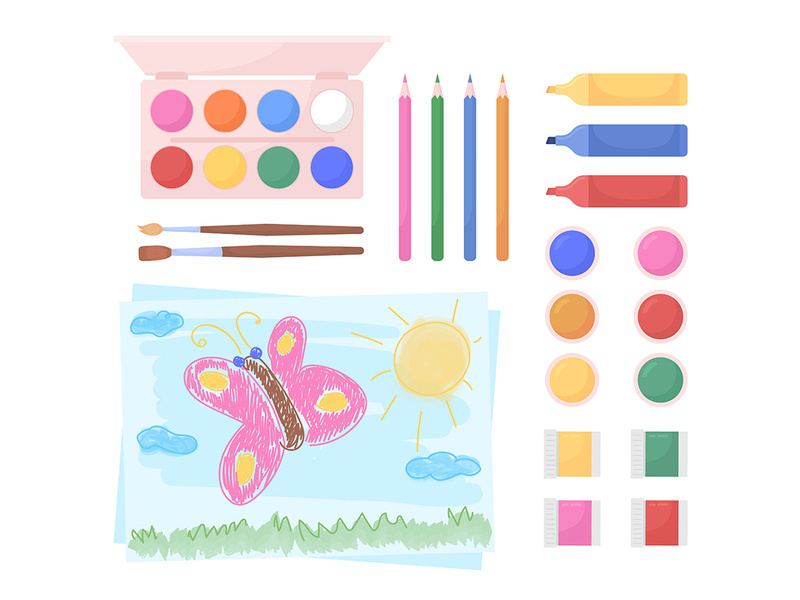 Drawing tools for children semi flat color vector object set