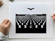 Silhouette of eagle flying over rows of white headstones in a cemetery silhouette