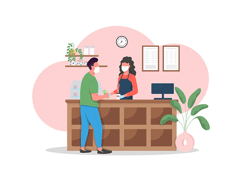 Man and woman in mask in coffeeshop flat color vector faceless character