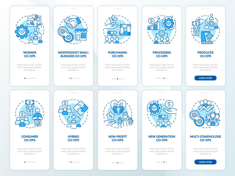 Business co-ops types blue onboarding mobile app screen set