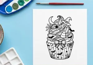 Halloween cupcake coloring page. Festive dessert illustration with witch hat and bats.