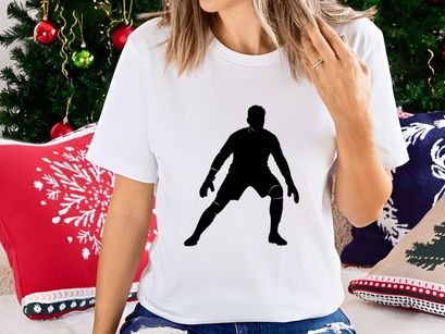 A male figure in a dynamic stance with arms extended and legs apart