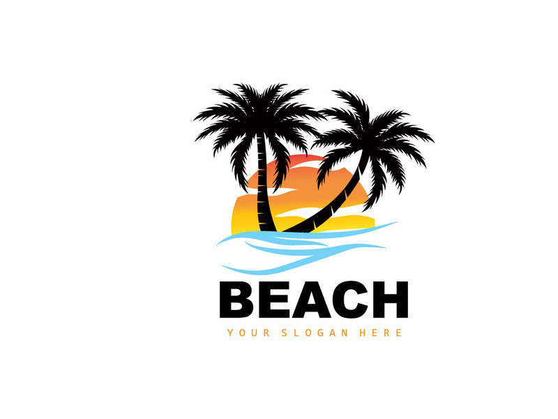 Coconut Tree Logo With Beach Atmosphere, Beach Plant Vector, Sunset View Design