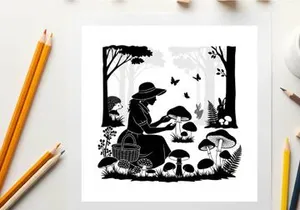 Silhouette of a woman picking mushrooms in a forest with trees and butterflies