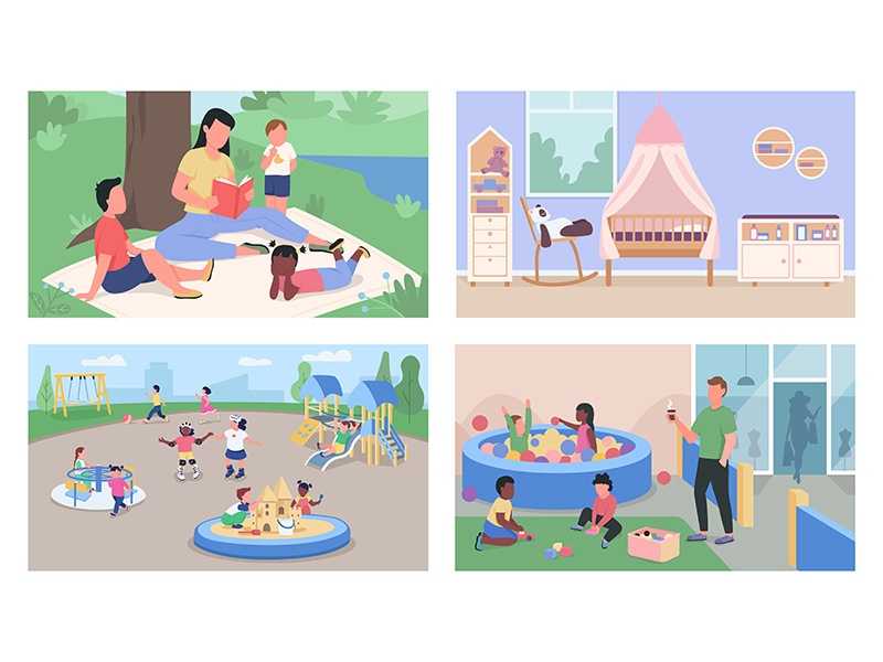 Childcare and daycare flat color vector illustration set