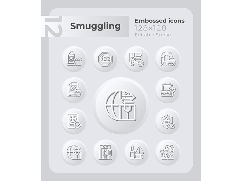 Combat smuggling embossed icons set