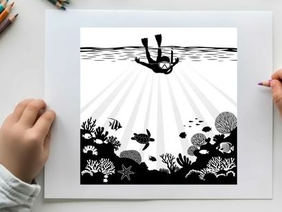 Silhouette of scuba diver exploring coral reef with sea turtle