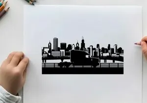 City skyline silhouette with truck on bridge