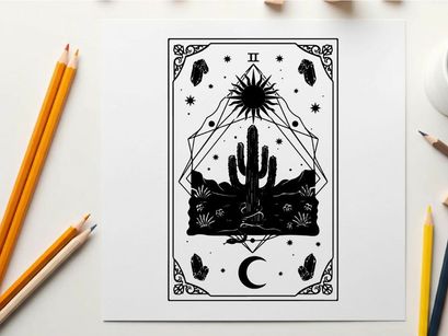 Silhouette tarot card with cactus and celestial bodies