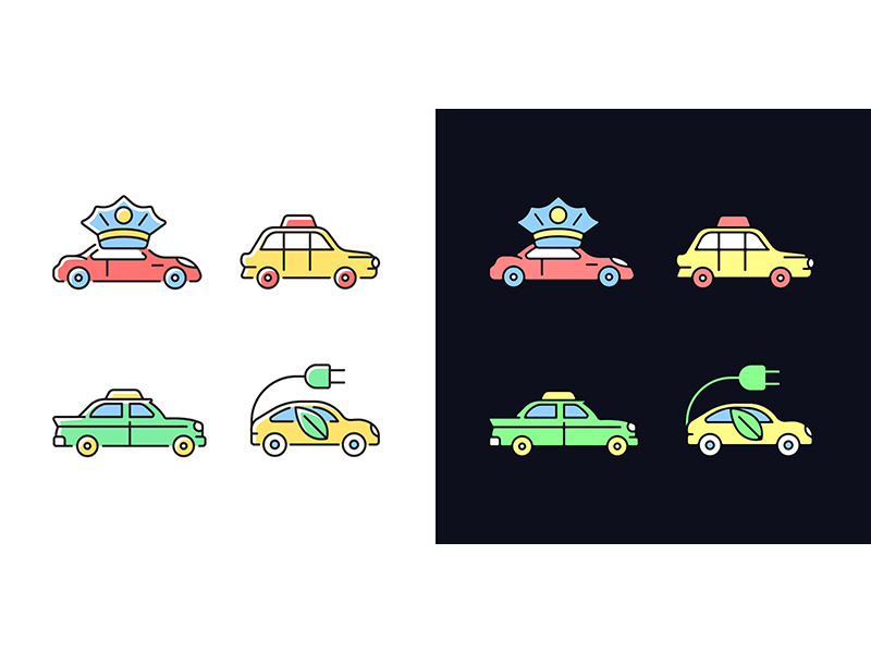 Taxi booking light and dark theme RGB color icons set