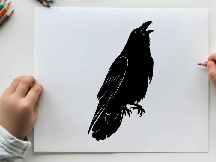 Silhouette of a crow or raven in mid call