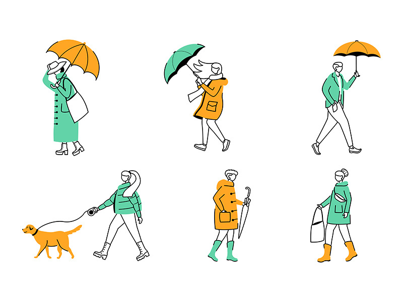 People with umbrellas flat contour vector illustrations set