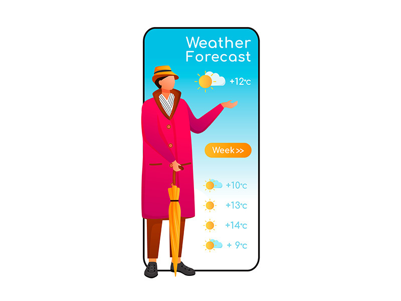Weather forecast cartoon smartphone vector app screen