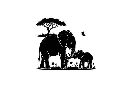 Silhouette of mother and baby elephant with tree and butterfly