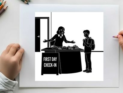 Silhouette of a woman and boy at a first day check in table silhouette