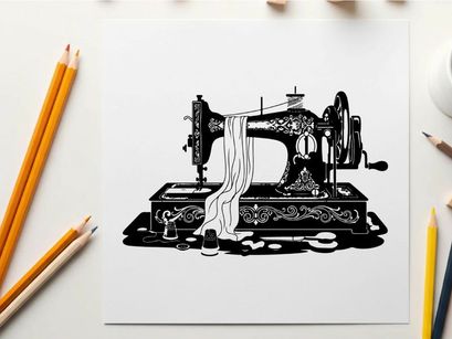 Vintage sewing machine with thread silhouette