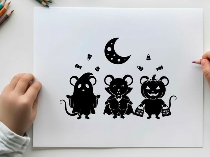 Three mice in halloween costumes under a crescent moon silhouette
