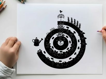 Silhouette of a spiral garden with a watering can and flower