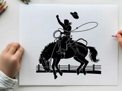 Cowboy riding horse silhouette with lasso and hat