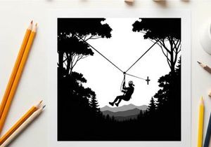 Silhouette of a person ziplining through a forest with mountains in the background silhouette