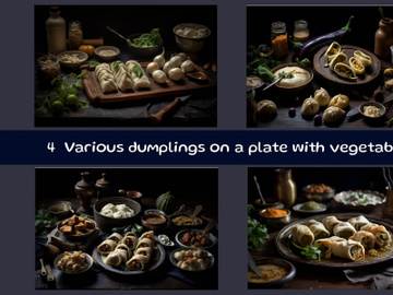 Various dumplings on a plate with vegetables preview picture