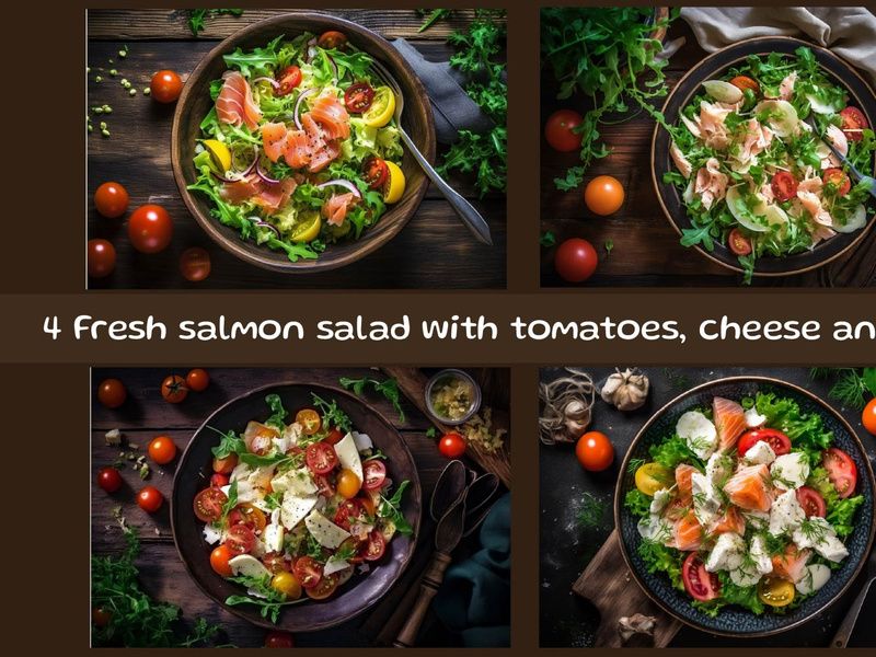 Fresh salmon salad with tomatoes, cheese and herbs